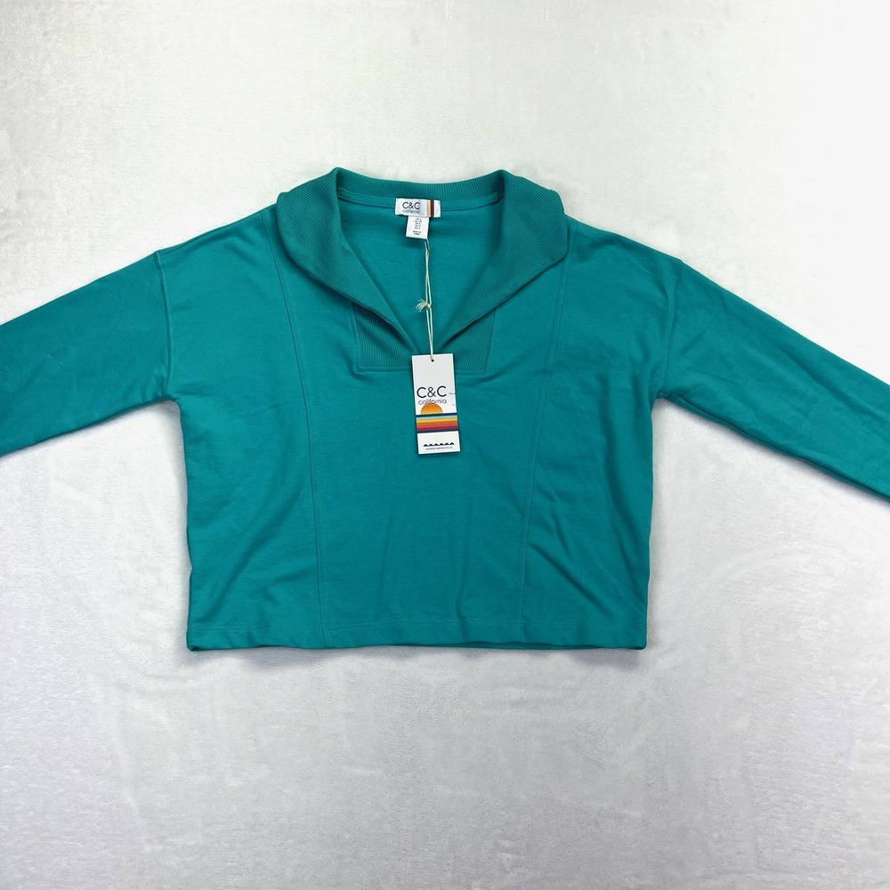 C&C California Pullover Women S Teal Nautical Shawl Collar Cropped Sweatshirt - Picture 2 of 8